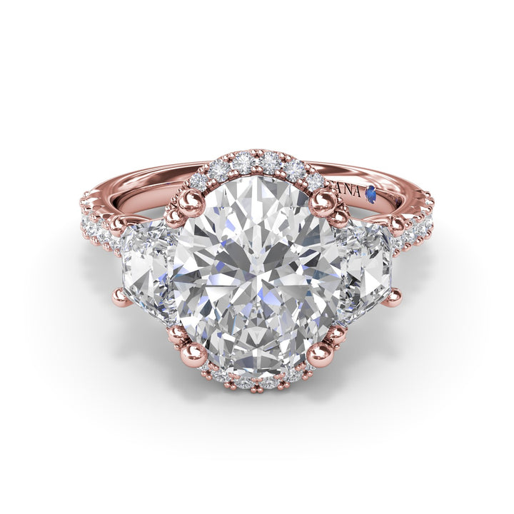 Halo Diamond Engagement Ring with Trapezoid Side Stones