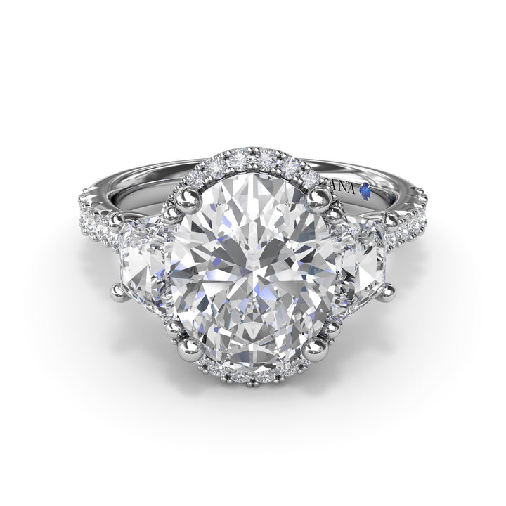 Halo Diamond Engagement Ring with Trapezoid Side Stones