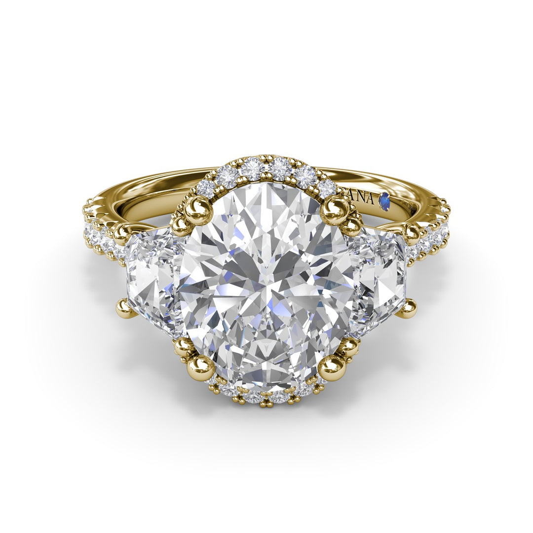 Halo Diamond Engagement Ring with Trapezoid Side Stones