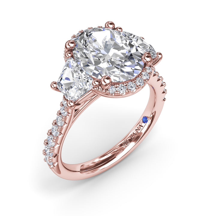 Halo Diamond Engagement Ring with Trapezoid Side Stones