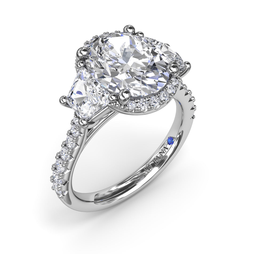 Halo Diamond Engagement Ring with Trapezoid Side Stones