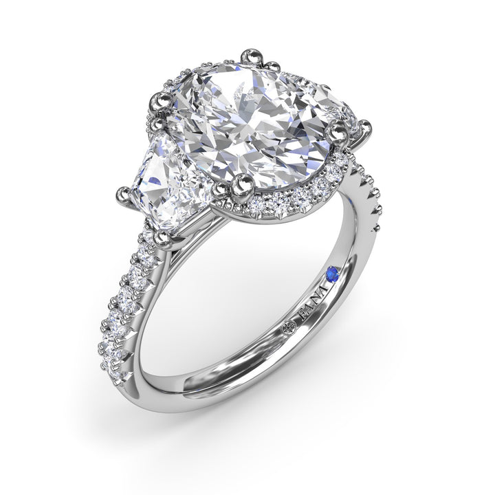 Halo Diamond Engagement Ring with Trapezoid Side Stones