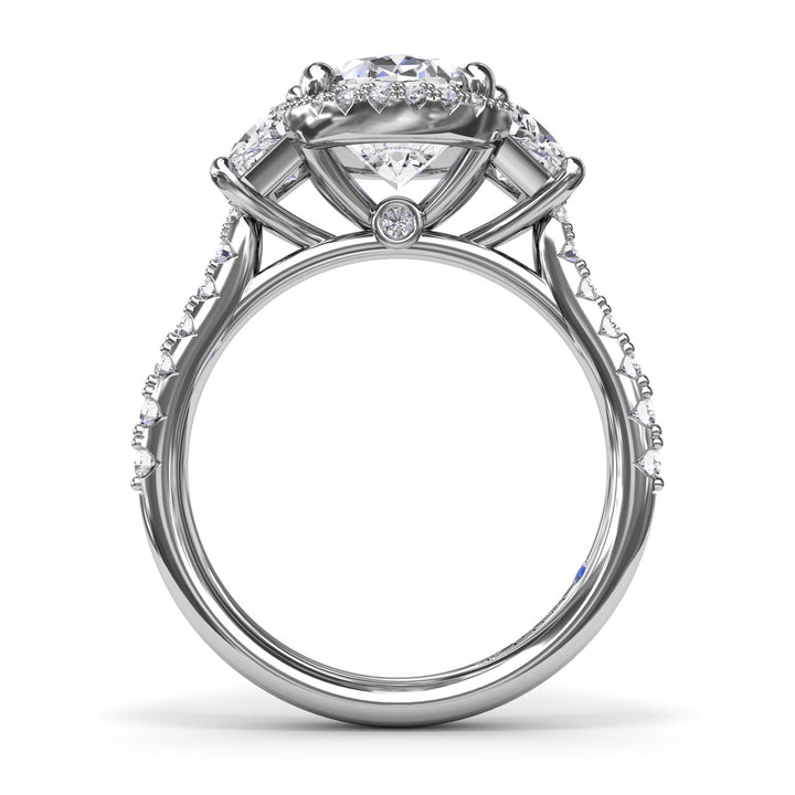 Halo Diamond Engagement Ring with Trapezoid Side Stones