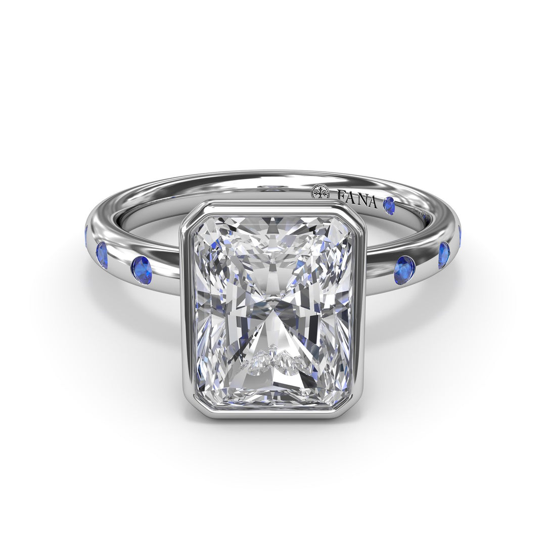 Bezel Set Radiant Diamond and Sapphire Engagement Ring