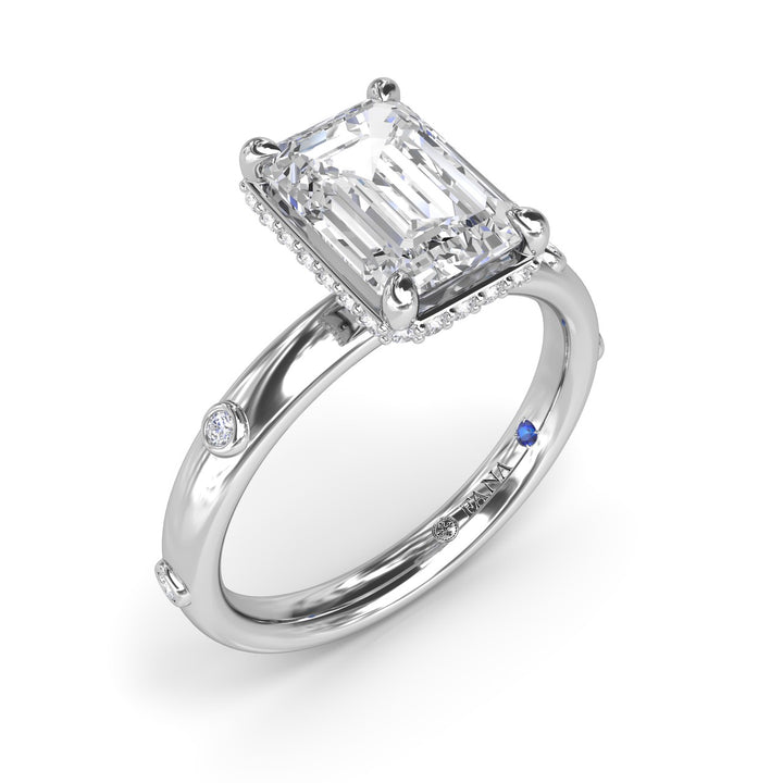 Emerald Cut Engagement Ring with Bezel Set Diamond Band