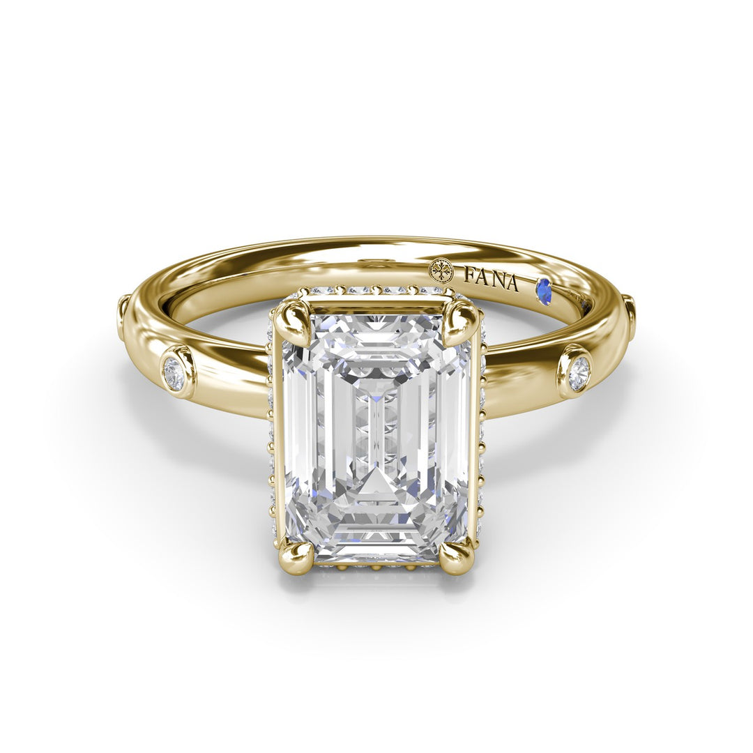 Emerald Cut Engagement Ring with Bezel Set Diamond Band