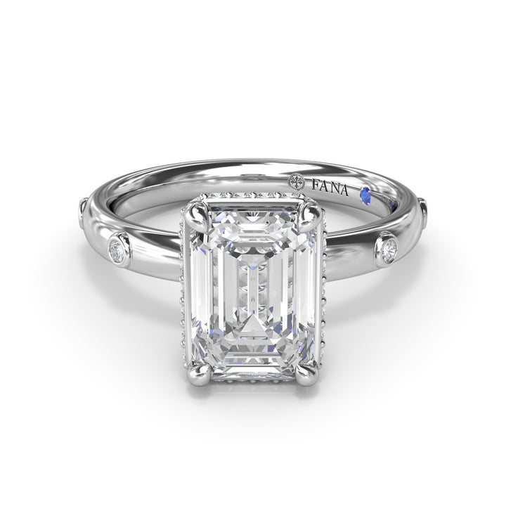 Emerald Cut Engagement Ring with Bezel Set Diamond Band