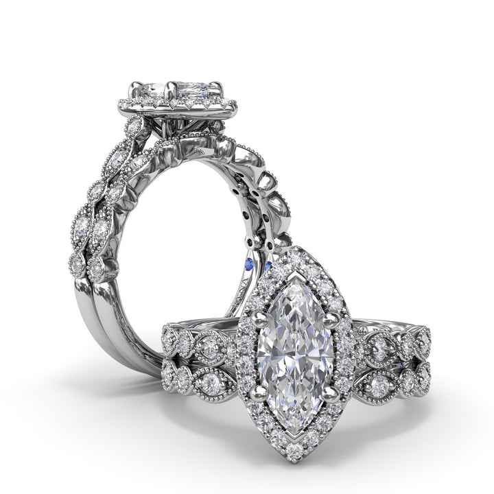 Classic Marquise Engagement Ring with Detailed Milgrain Band