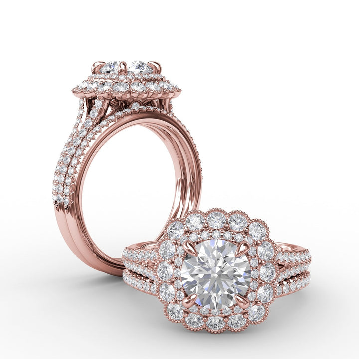 Vintage Cushion-Shaped Double Halo Engagement Ring With Split Shank