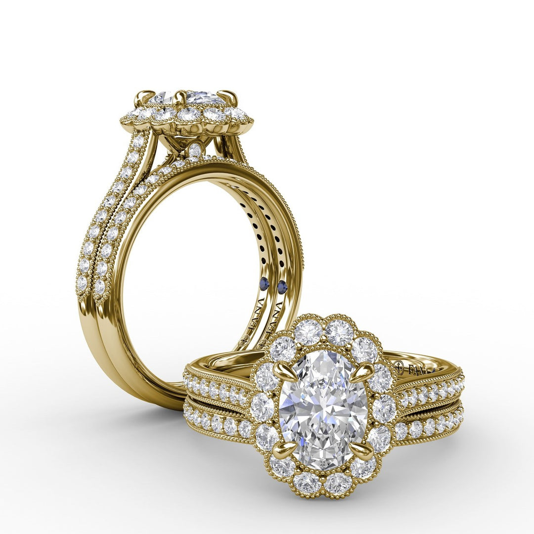 Vintage Scalloped Halo Oval Engagement Ring With Milgrain Details