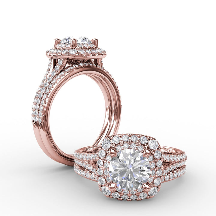 Cushion-Shaped Double Halo PavÃ© Diamond Engagement Ring with Split Shank