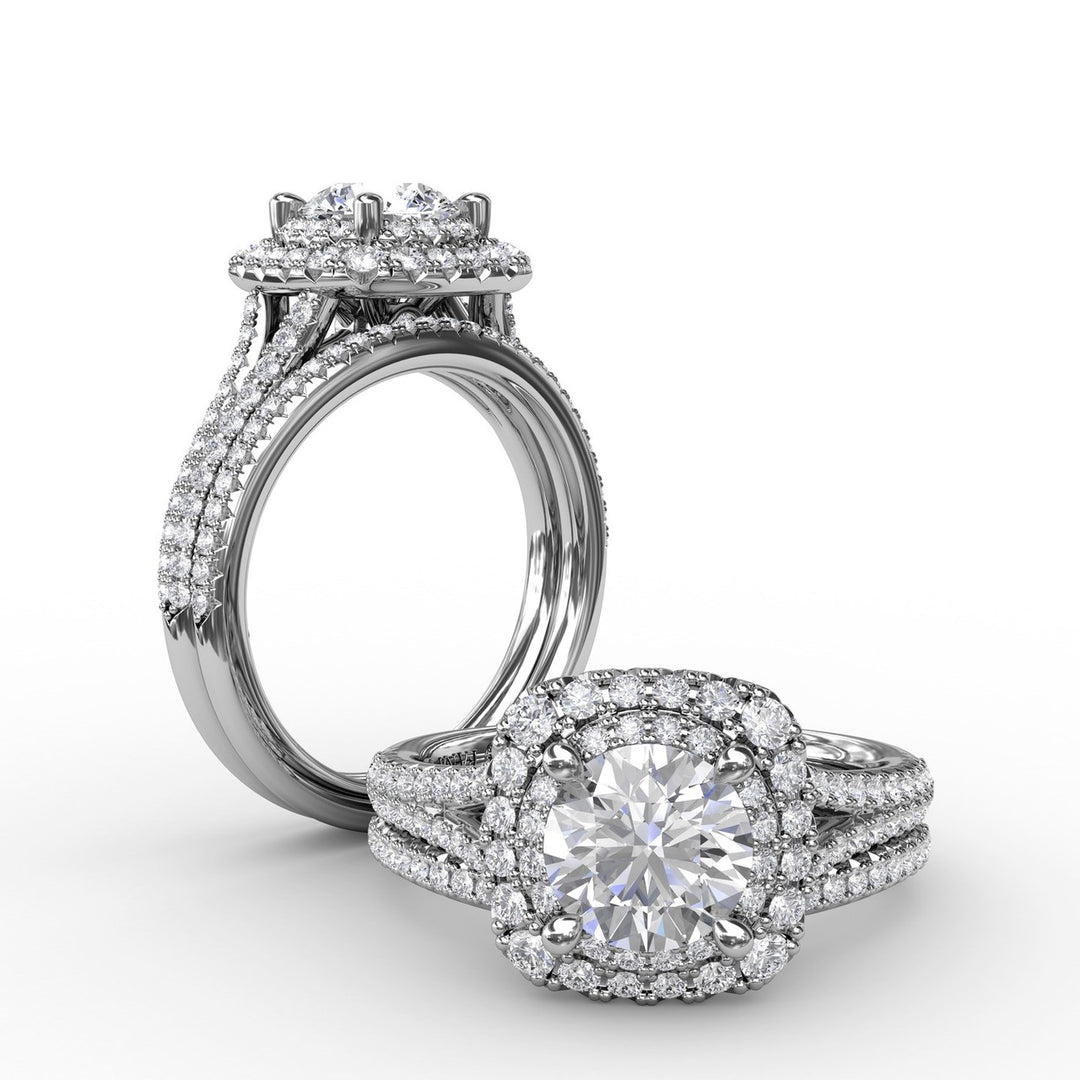 Cushion-Shaped Double Halo PavÃ© Diamond Engagement Ring with Split Shank