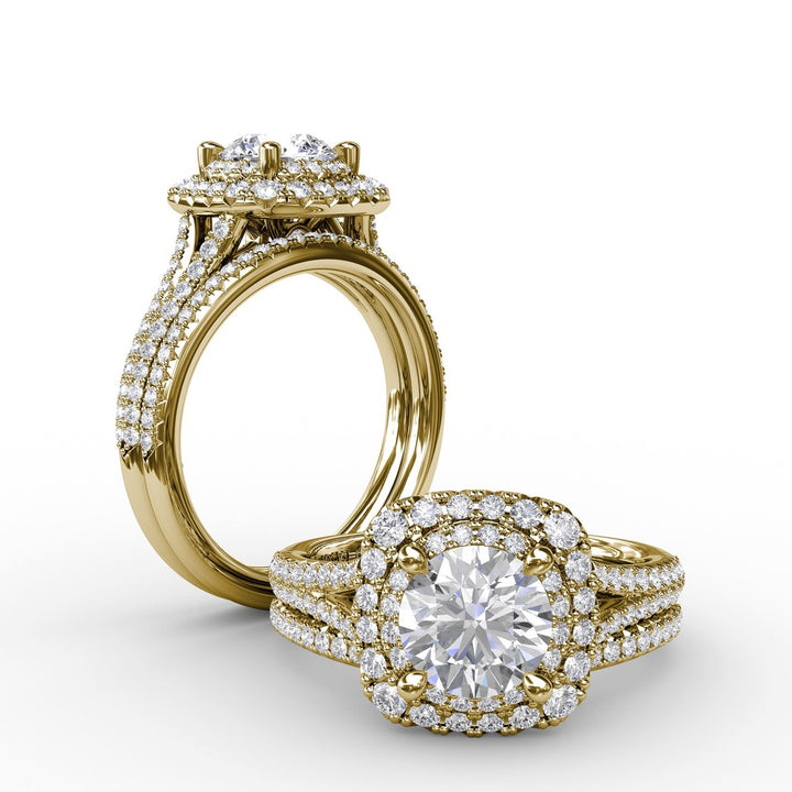 Cushion-Shaped Double Halo PavÃ© Diamond Engagement Ring with Split Shank