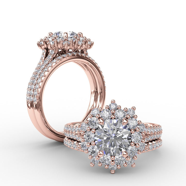 Contemporary Floral Halo Engagement Ring With Double-Row PavÃ© Band