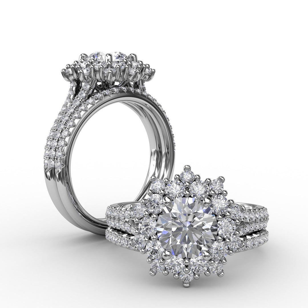 Contemporary Floral Halo Engagement Ring With Double-Row PavÃ© Band