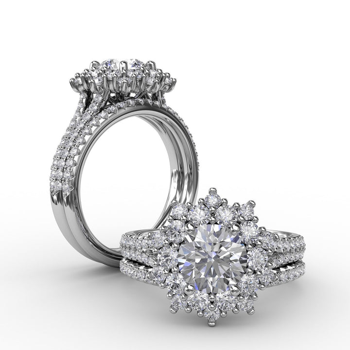 Contemporary Floral Halo Engagement Ring With Double-Row PavÃ© Band