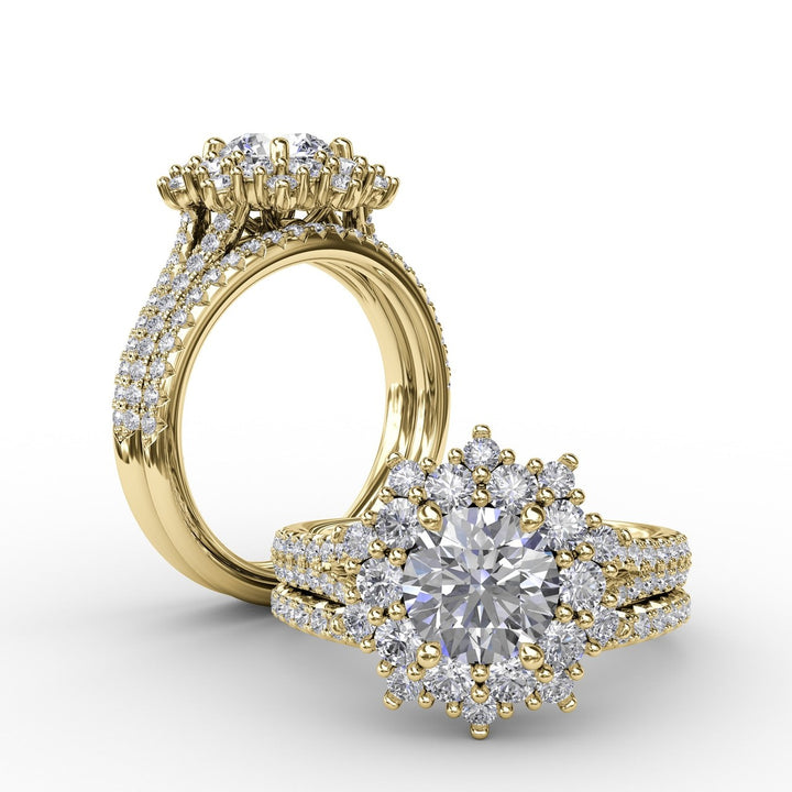 Contemporary Floral Halo Engagement Ring With Double-Row PavÃ© Band