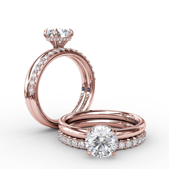Contemporary Round Diamond Solitaire Engagement Ring With Hidden PavÃ© Halo