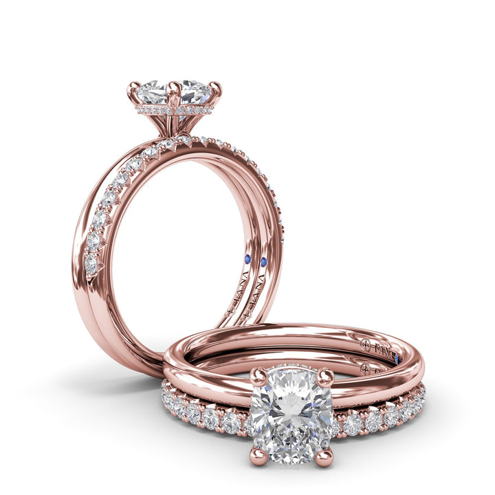 Contemporary Cushion Solitaire Engagement Ring With Hidden PavÃ© Halo