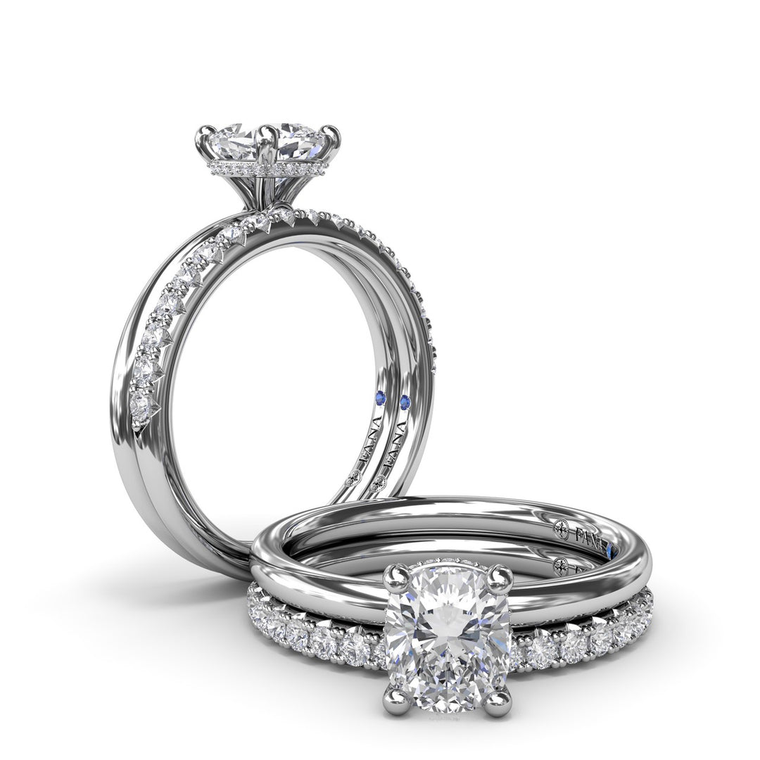 Contemporary Cushion Solitaire Engagement Ring With Hidden PavÃ© Halo