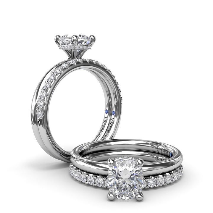 Contemporary Cushion Solitaire Engagement Ring With Hidden PavÃ© Halo