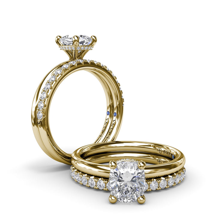 Contemporary Cushion Solitaire Engagement Ring With Hidden PavÃ© Halo