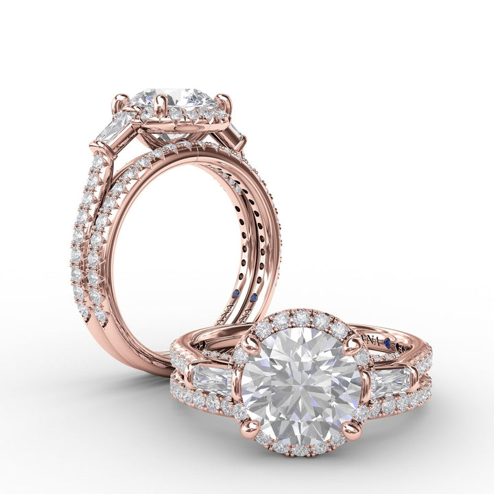 Classic Round Diamond Halo Engagement Ring With Tapered Baguettes