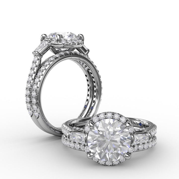 Classic Round Diamond Halo Engagement Ring With Tapered Baguettes