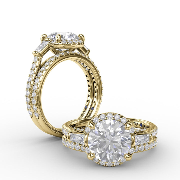 Classic Round Diamond Halo Engagement Ring With Tapered Baguettes