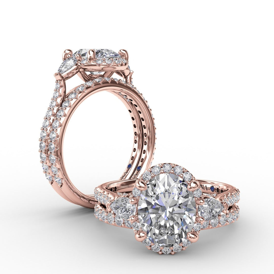 Oval Diamond Halo Engagement Ring With Pear-Shape Diamond Side Stones