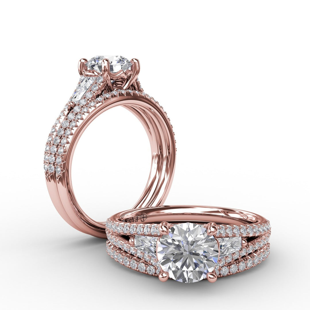 Three-Stone Round Diamond Engagement Ring With Split Diamond Shank and Baguette Side Stones