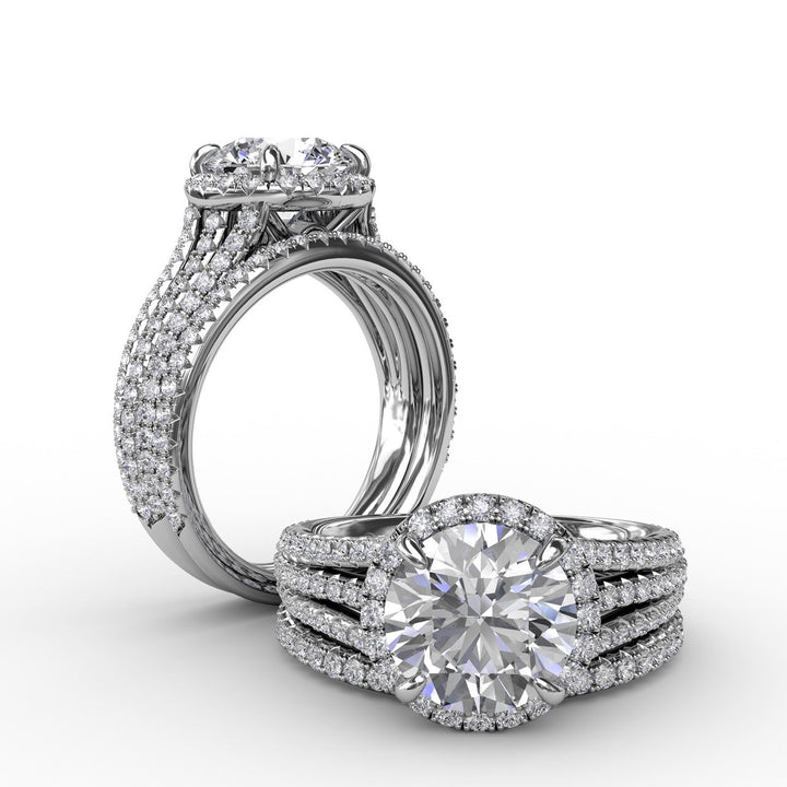 Round Diamond Halo Engagement Ring With Triple-Row Diamond Band