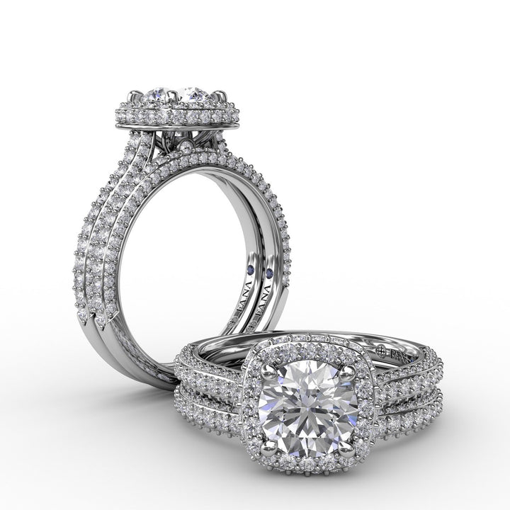 Cushion-Shaped Waterfall Halo Engagement Ring With PavÃ© Band