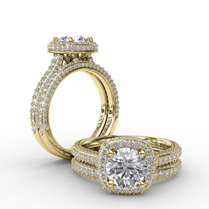 Cushion-Shaped Waterfall Halo Engagement Ring With PavÃ© Band