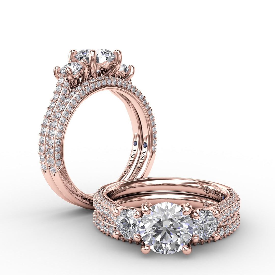 Classic Three-Stone Round Diamond Engagement Ring With PavÃ© Band
