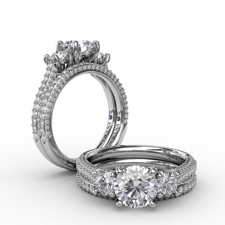 Classic Three-Stone Round Diamond Engagement Ring With PavÃ© Band