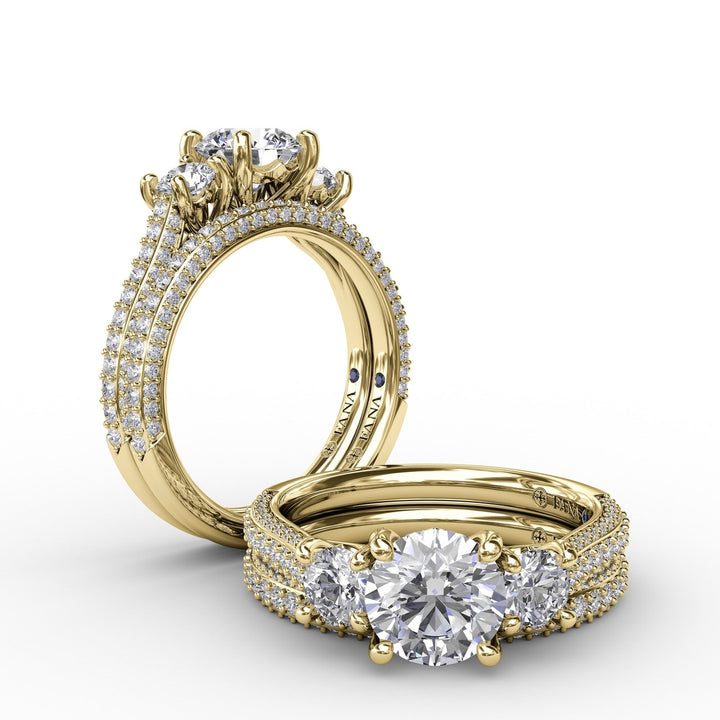 Classic Three-Stone Round Diamond Engagement Ring With PavÃ© Band