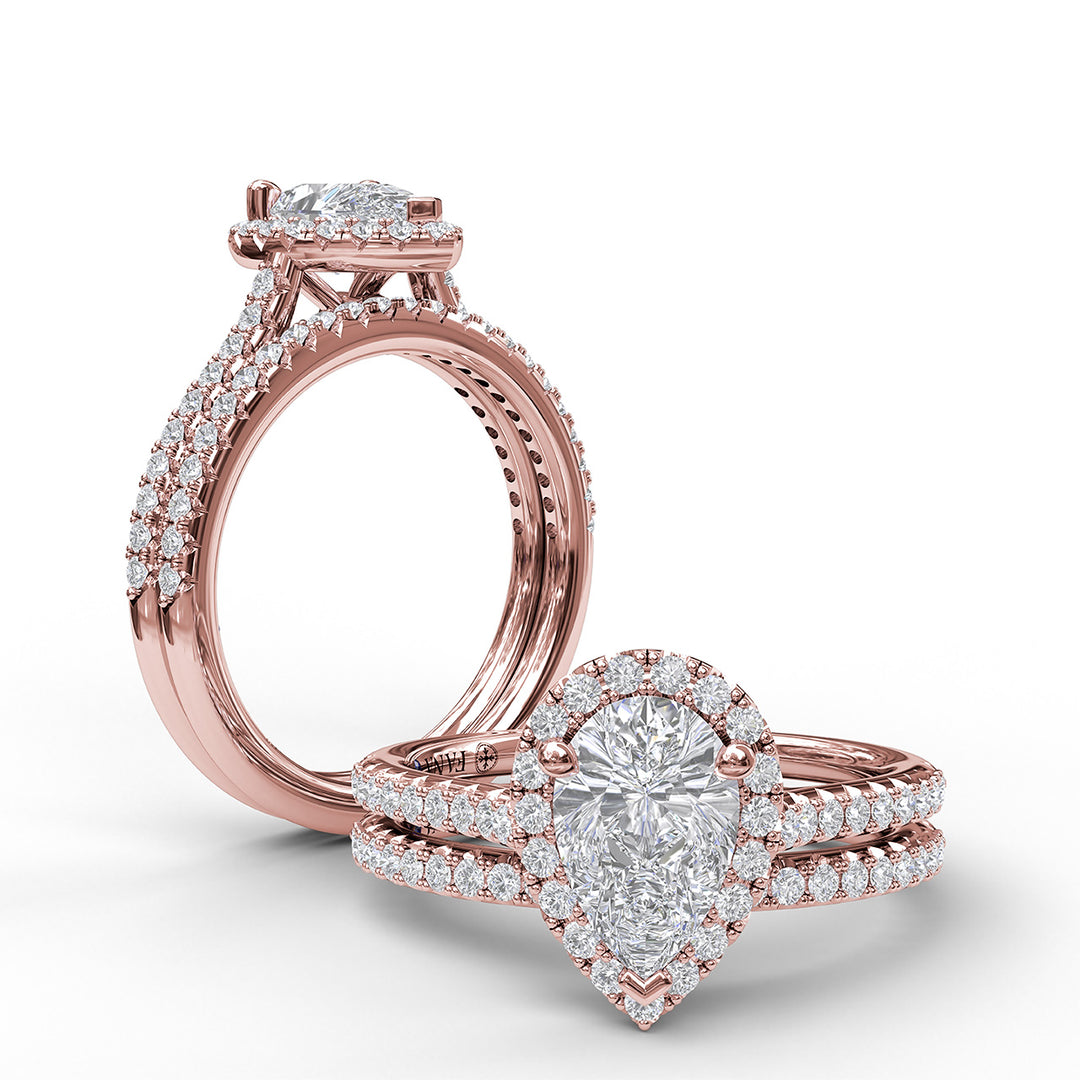 Delicate Pear Shaped Halo And Pave Band Engagement Ring