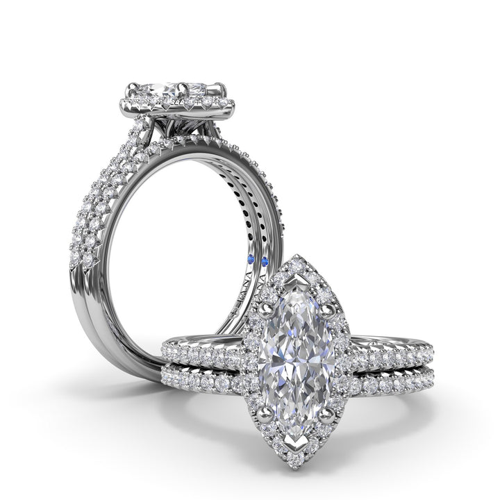 Delicate Marquise Halo And Pave Band Engagement Ring