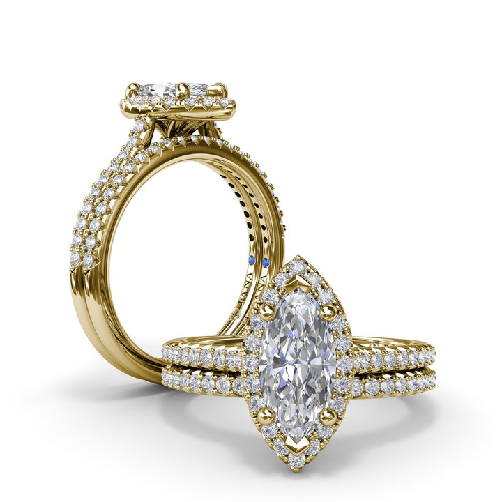 Delicate Marquise Halo And Pave Band Engagement Ring