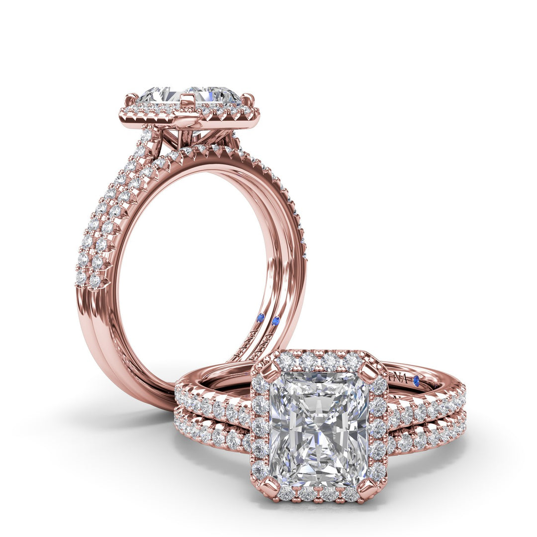 Delicate Radiant Halo And Pave Band Engagement Ring