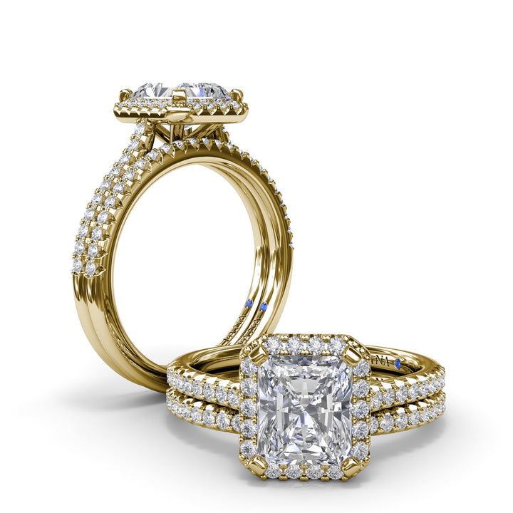 Delicate Radiant Halo And Pave Band Engagement Ring