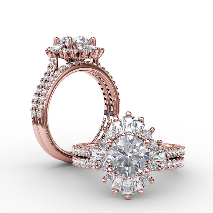 Bold Mixed Shape Diamond Halo Ballerina Style Engagement Ring With Diamond Band