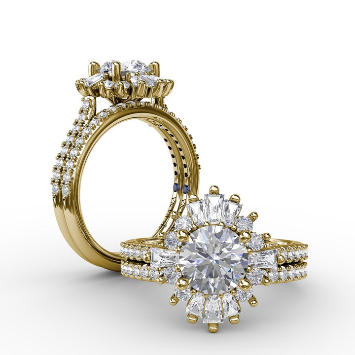 Bold Mixed Shape Diamond Halo Ballerina Style Engagement Ring With Diamond Band