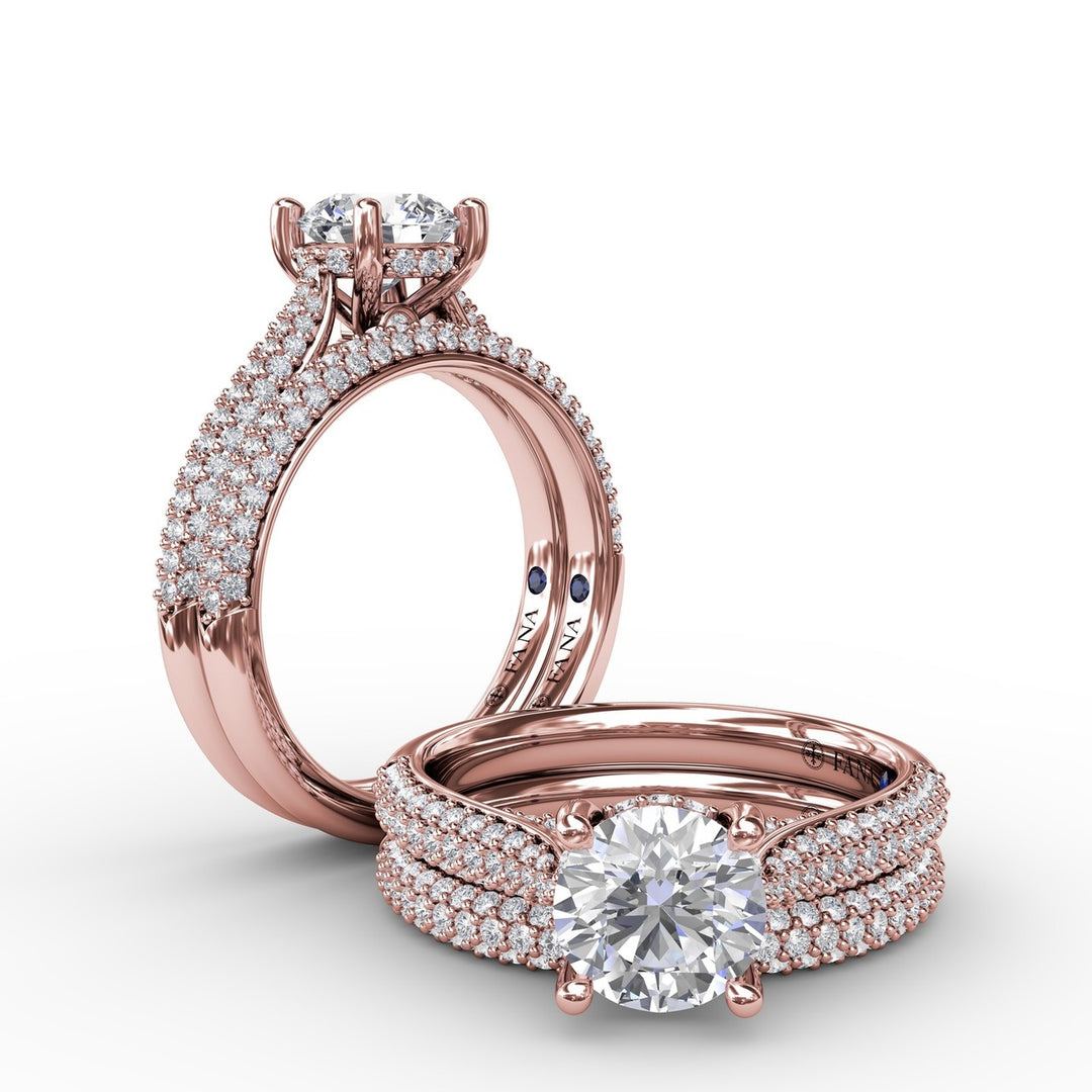Classic Round Diamond Solitaire Engagement Ring With Double-Row PavÃ© Diamond Shank