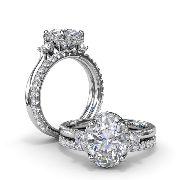 Three Stone Diamond Halo Engagement Ring
