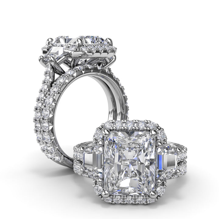Three Stone Halo Diamond Engagement Ring