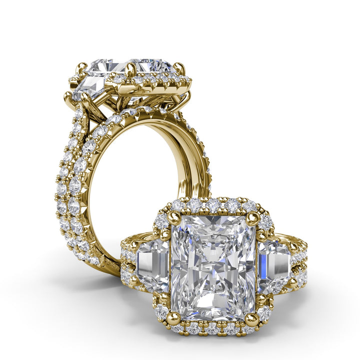 Three Stone Halo Diamond Engagement Ring