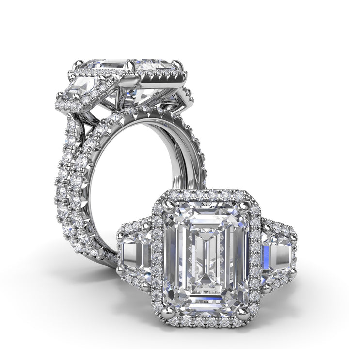 Three Stone Halo Trapezoid Engagement Ring