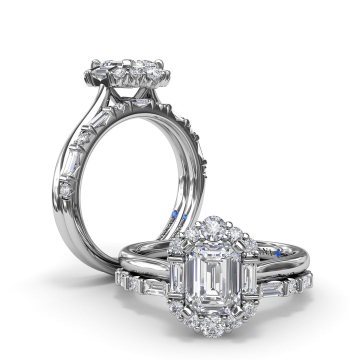 Graduated Halo Emerald Diamond Engagement Ring